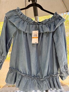 Michael Kors Light Blue Chambray Off-Shoulder Ruffle Blouse